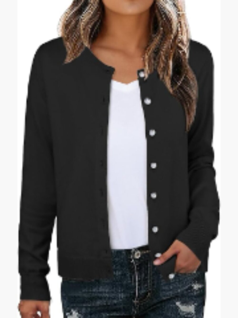 Lightweight Acrylic Cardigan Sweater Long Sleeve Crew Neck Button Down Knit